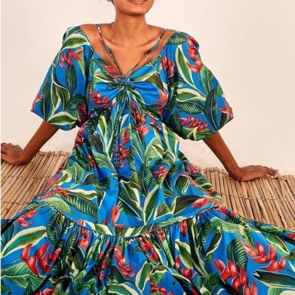 ⭐️ FARM Rio Dream Garden Midi Dress Puff Sleeve⭐️sz xs - Picture 4 of 7